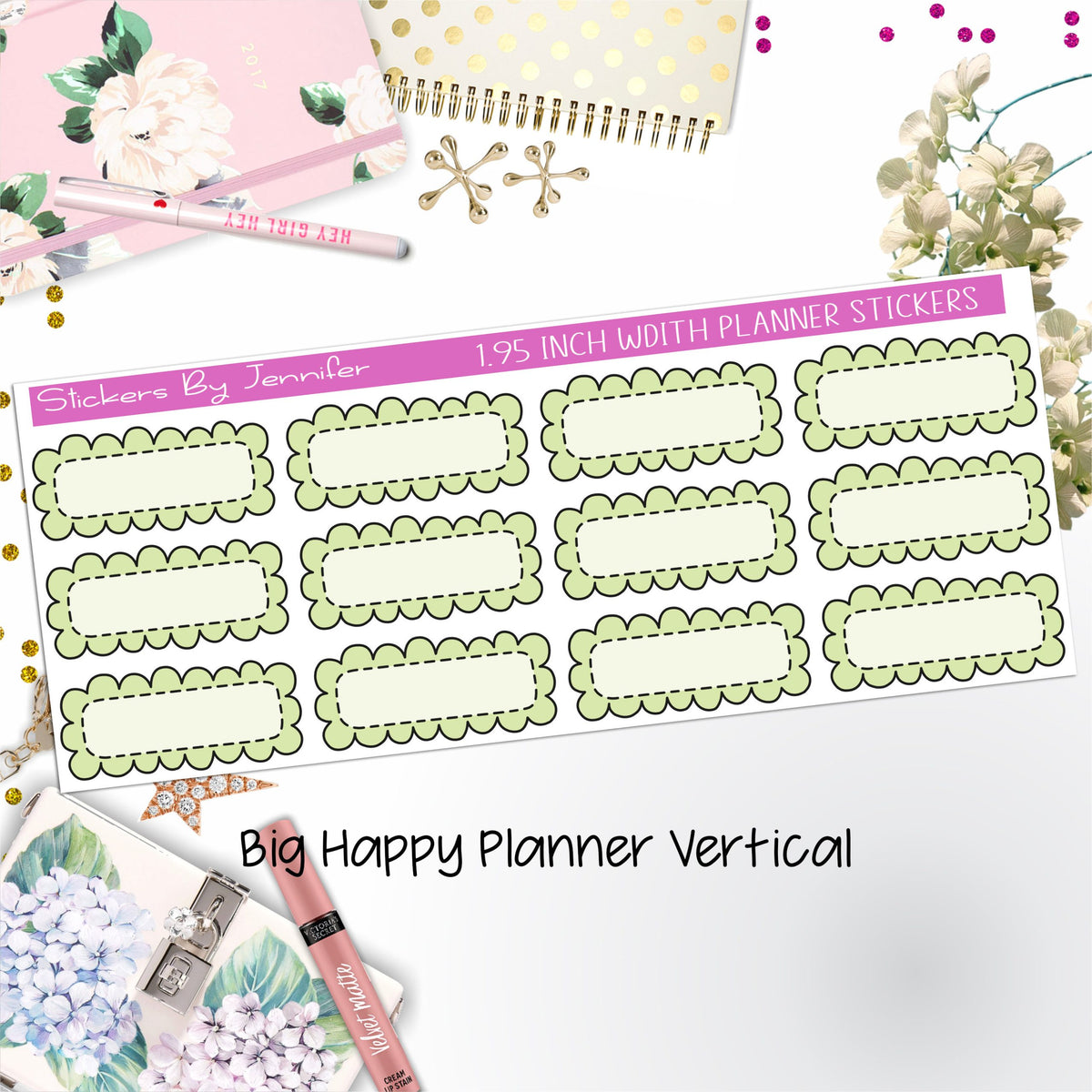 Scallop Labels 1.95 inch Width Quarter Boxes 312 for Big Happy Planner Vertical Planner Stickers