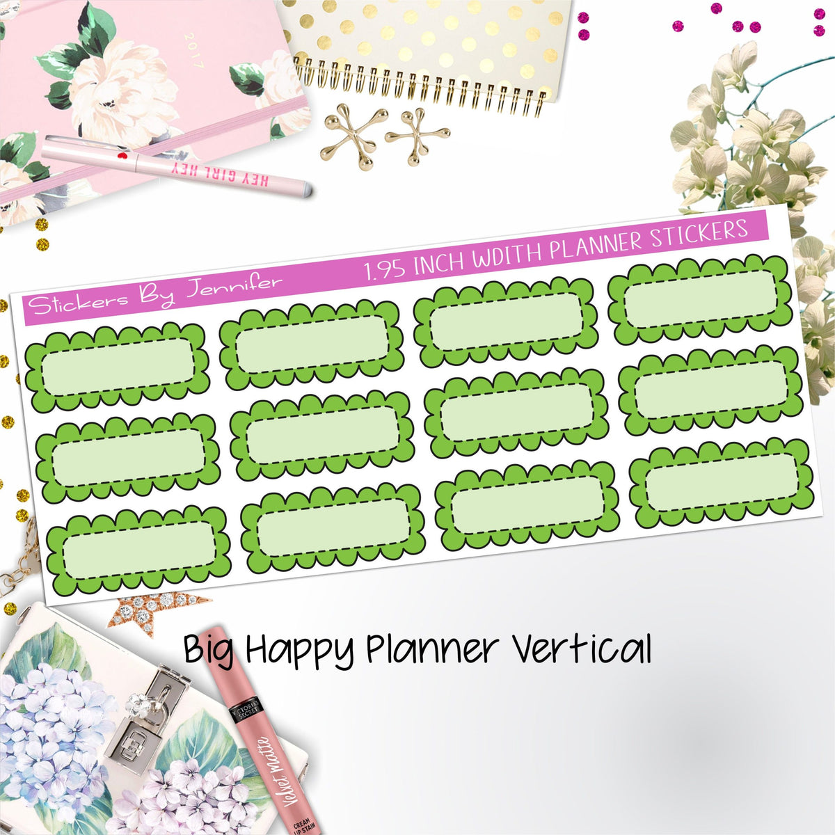 Scallop Labels 1.95 inch Width Quarter Boxes 316 for Big Happy Planner Vertical Planner Stickers
