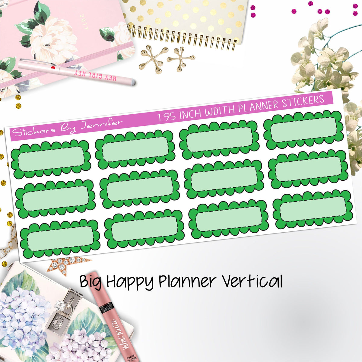 Scallop Labels 1.95 inch Width Quarter Boxes 318 for Big Happy Planner Vertical Planner Stickers