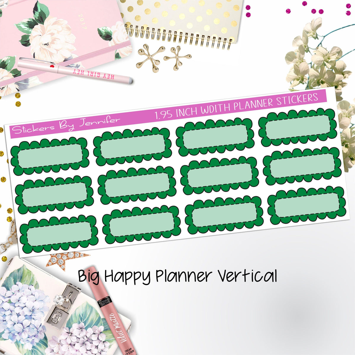 Scallop Labels 1.95 inch Width Quarter Boxes 319 for Big Happy Planner Vertical Planner Stickers