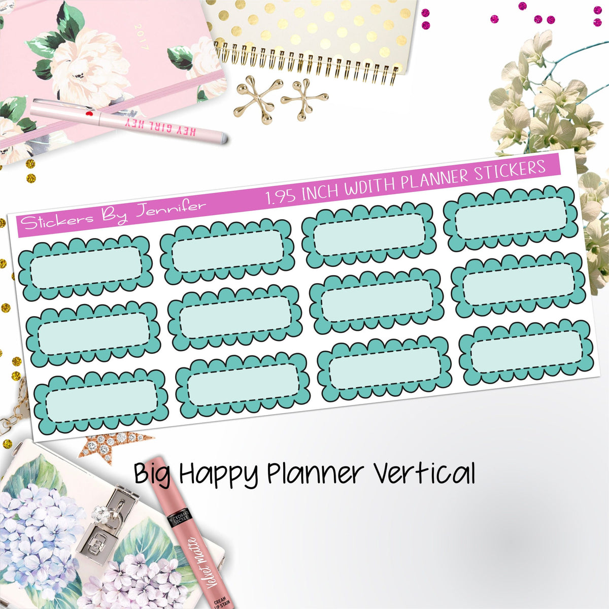 Scallop Labels 1.95 inch Width Quarter Boxes 326 for Big Happy Planner Vertical Planner Stickers