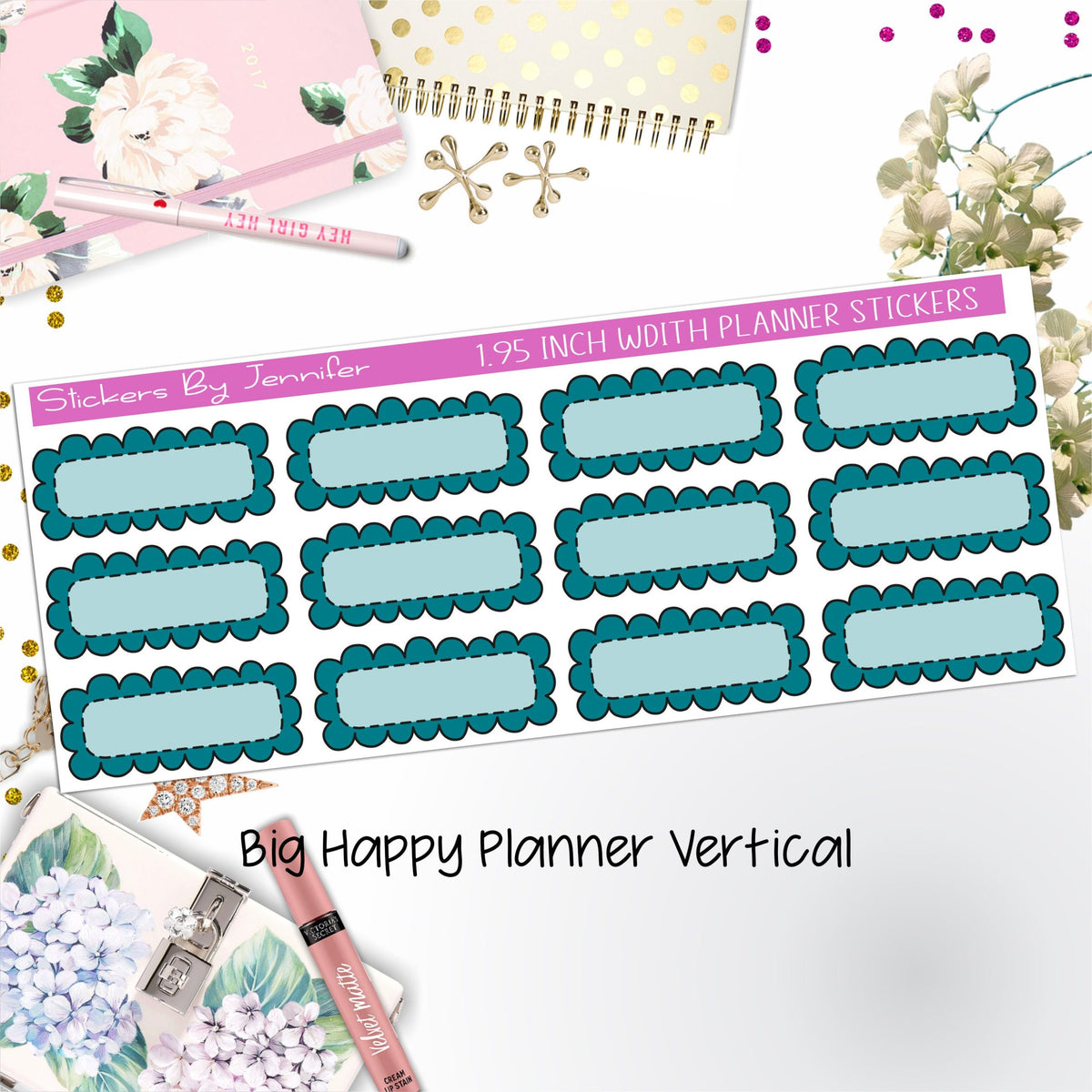 Scallop Labels 1.95 inch Width Quarter Boxes 328 for Big Happy Planner Vertical Planner Stickers