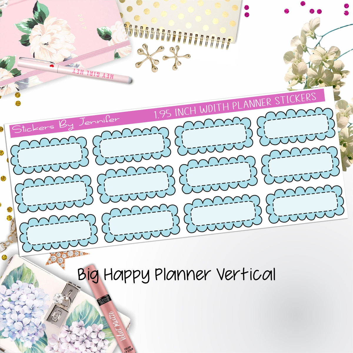Scallop Labels 1.95 inch Width Quarter Boxes 330 for Big Happy Planner Vertical Planner Stickers