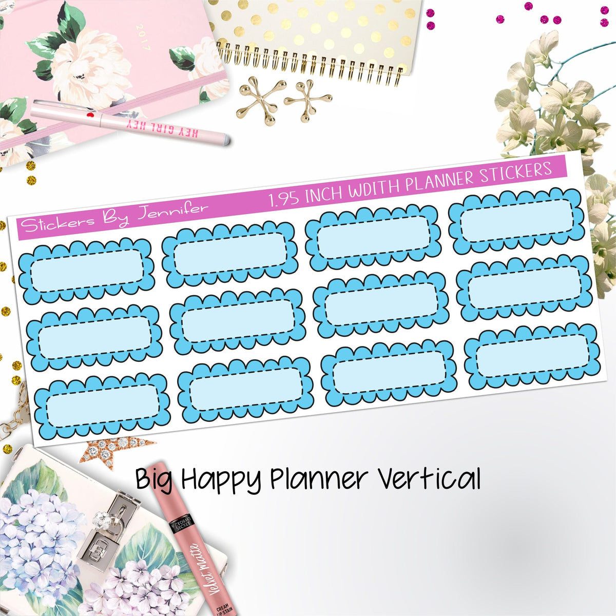 Scallop Labels 1.95 inch Width Quarter Boxes 332 for Big Happy Planner Vertical Planner Stickers