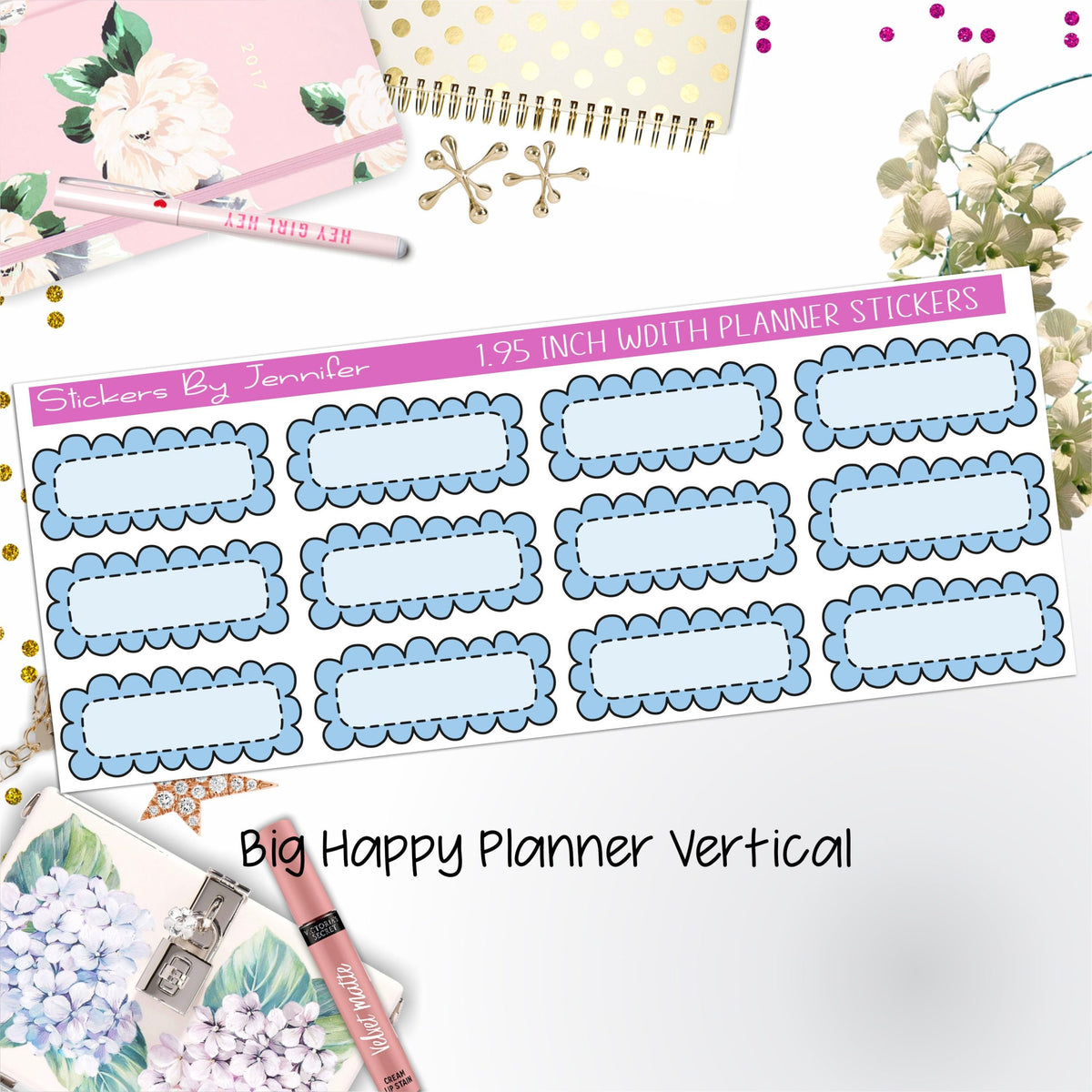 Scallop Labels 1.95 inch Width Quarter Boxes 334 for Big Happy Planner Vertical Planner Stickers