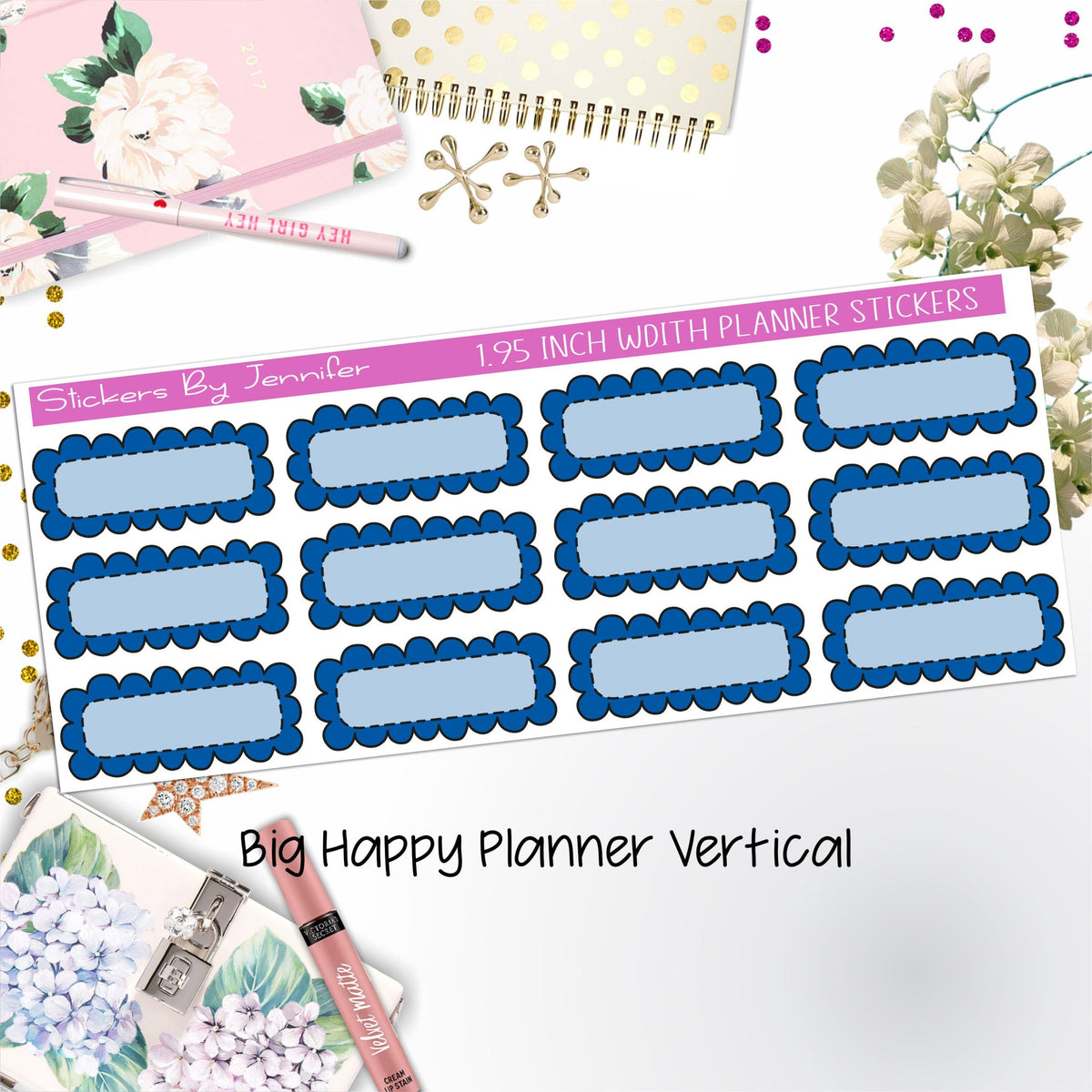 Scallop Labels 1.95 inch Width Quarter Boxes 337 for Big Happy Planner Vertical Planner Stickers