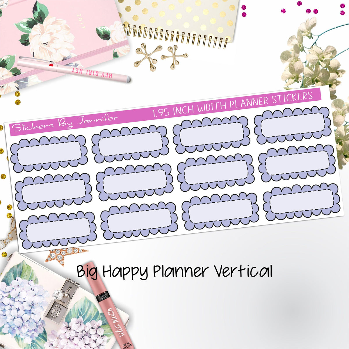Scallop Labels 1.95 inch Width Quarter Boxes 344 for Big Happy Planner Vertical Planner Stickers
