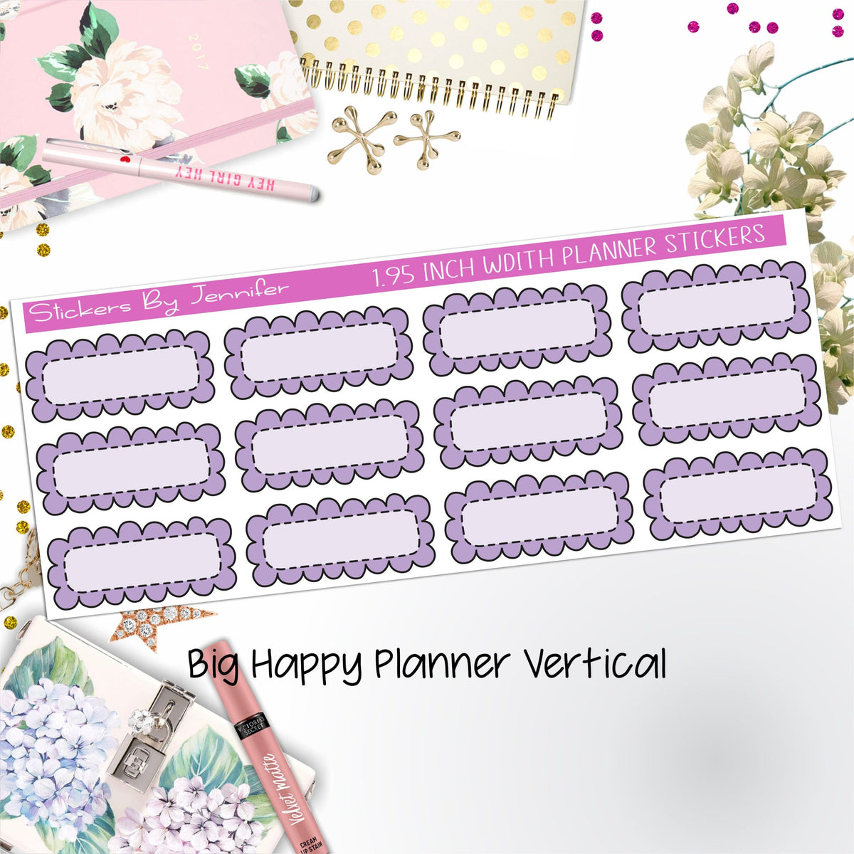 Scallop Labels 1.95 inch Width Quarter Boxes 346 for Big Happy Planner Vertical Planner Stickers