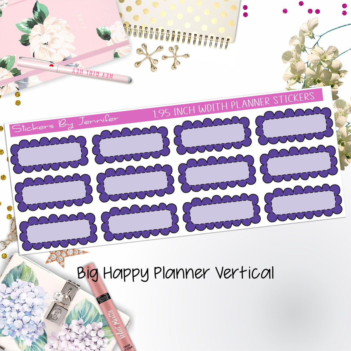 Scallop Labels 1.95 inch Width Quarter Boxes 349 for Big Happy Planner Vertical Planner Stickers