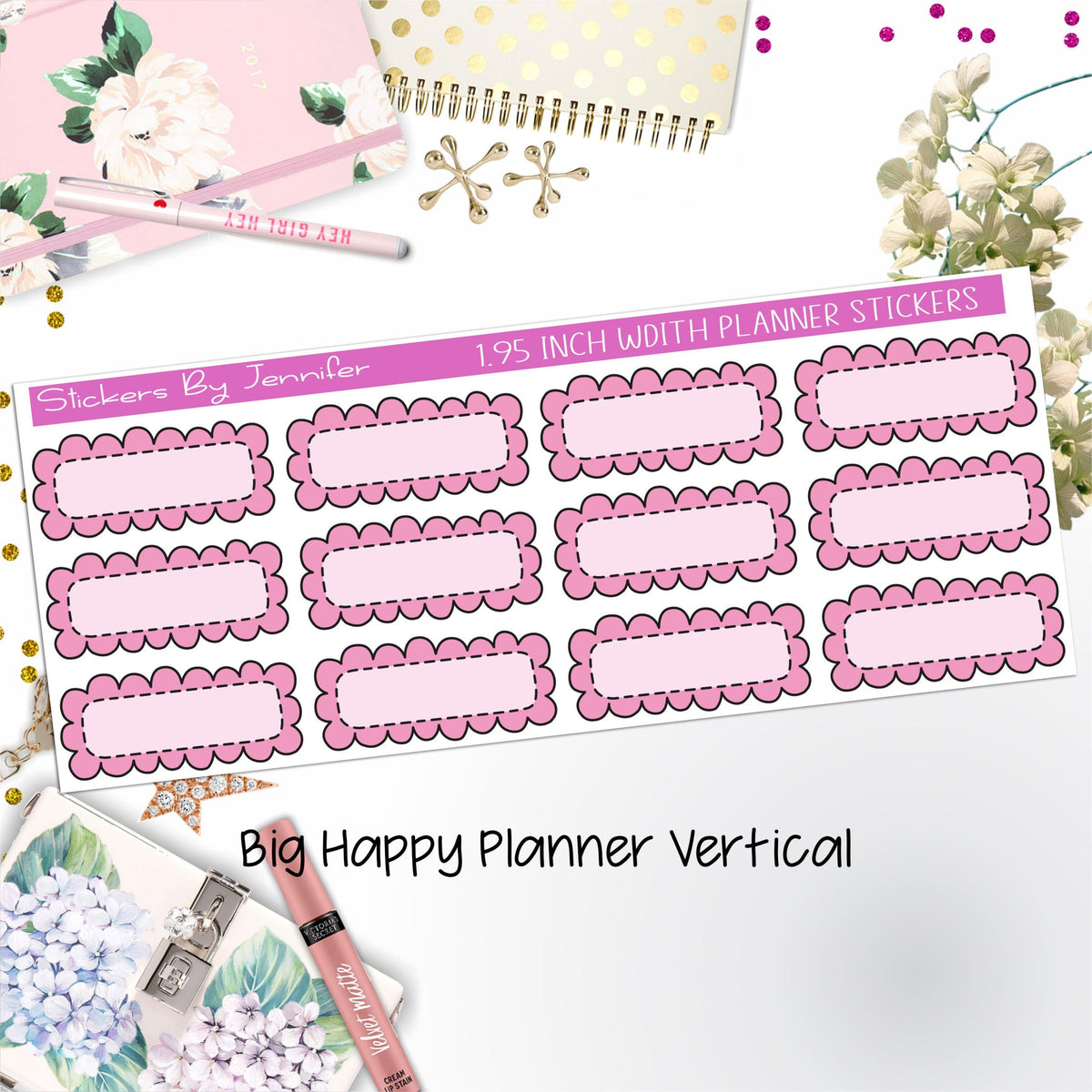 Scallop Labels 1.95 inch Width Quarter Boxes 357 for Big Happy Planner Vertical Planner Stickers