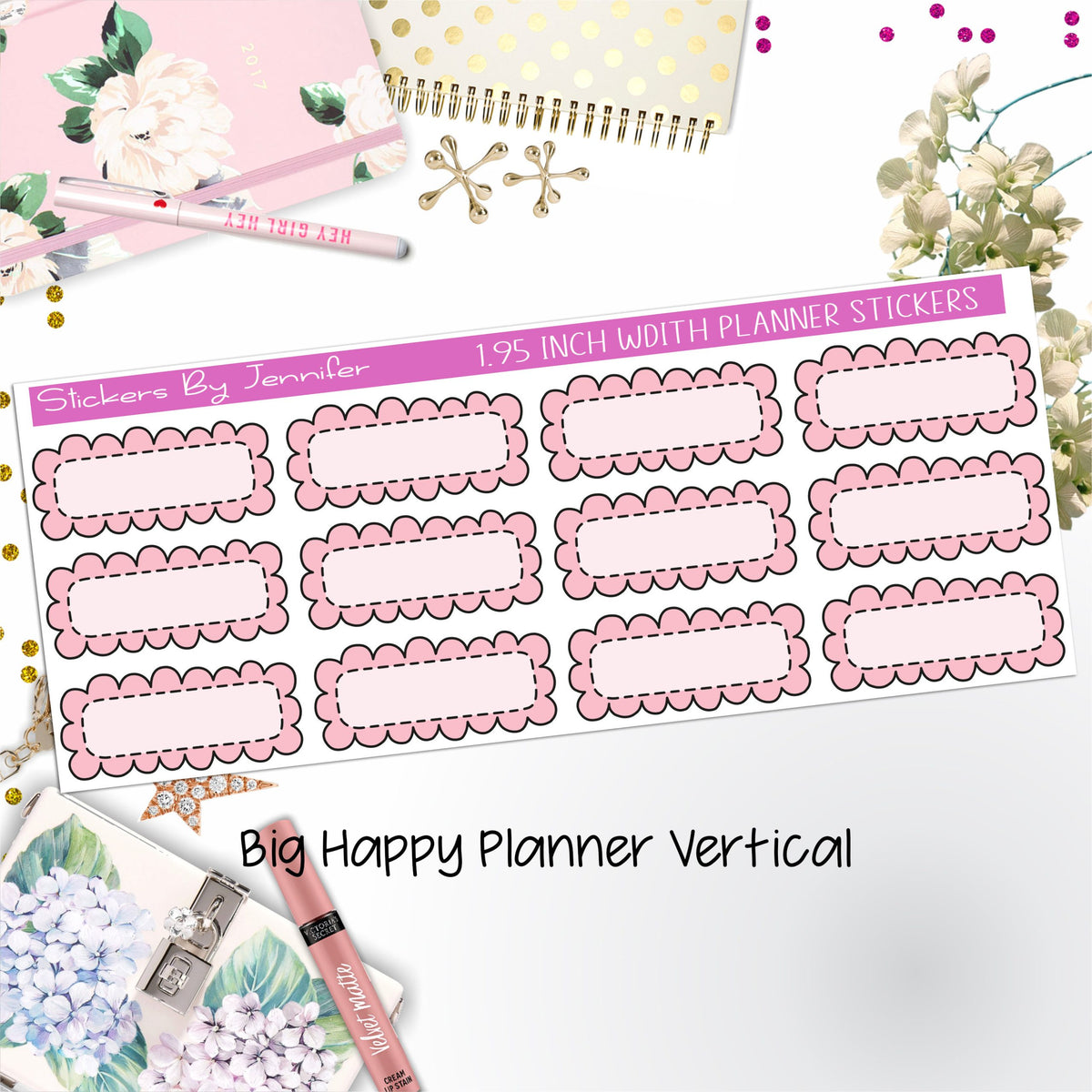 Scallop Labels 1.95 inch Width Quarter Boxes 367 for Big Happy Planner Vertical Planner Stickers
