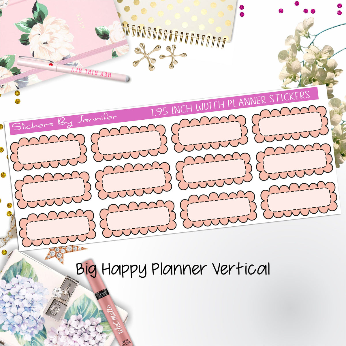 Scallop Labels 1.95 inch Width Quarter Boxes 368 for Big Happy Planner Vertical Planner Stickers