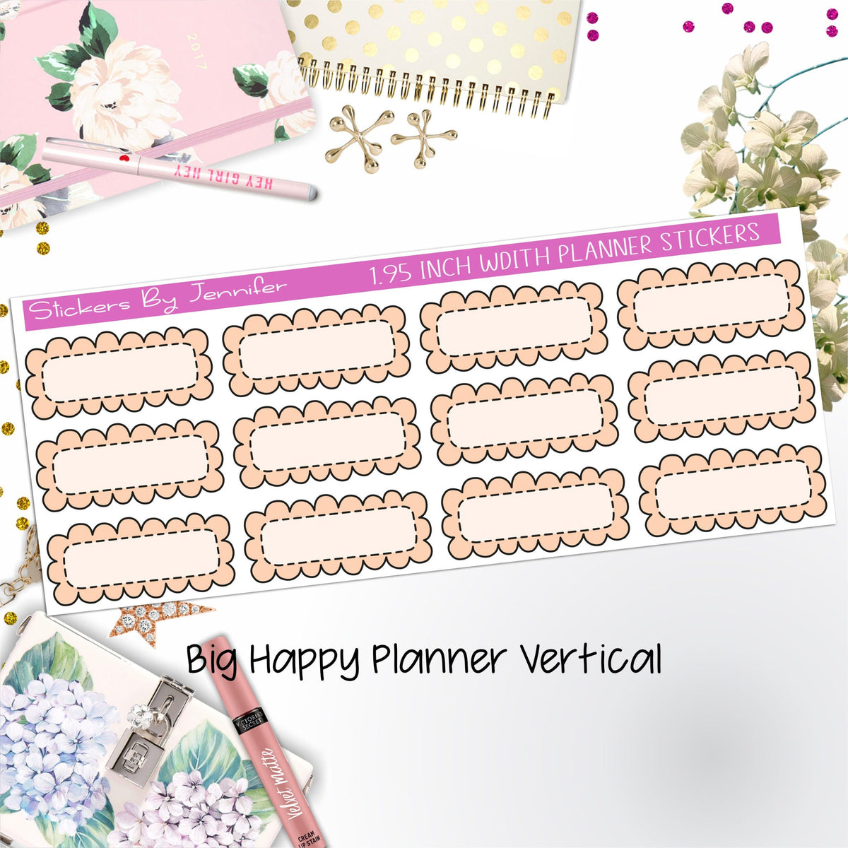 Scallop Labels 1.95 inch Width Quarter Boxes 378 for Big Happy Planner Vertical Planner Stickers