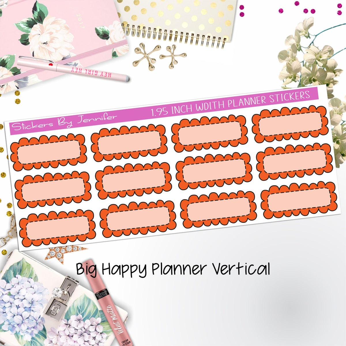 Scallop Labels 1.95 inch Width Quarter Boxes 382 for Big Happy Planner Vertical Planner Stickers