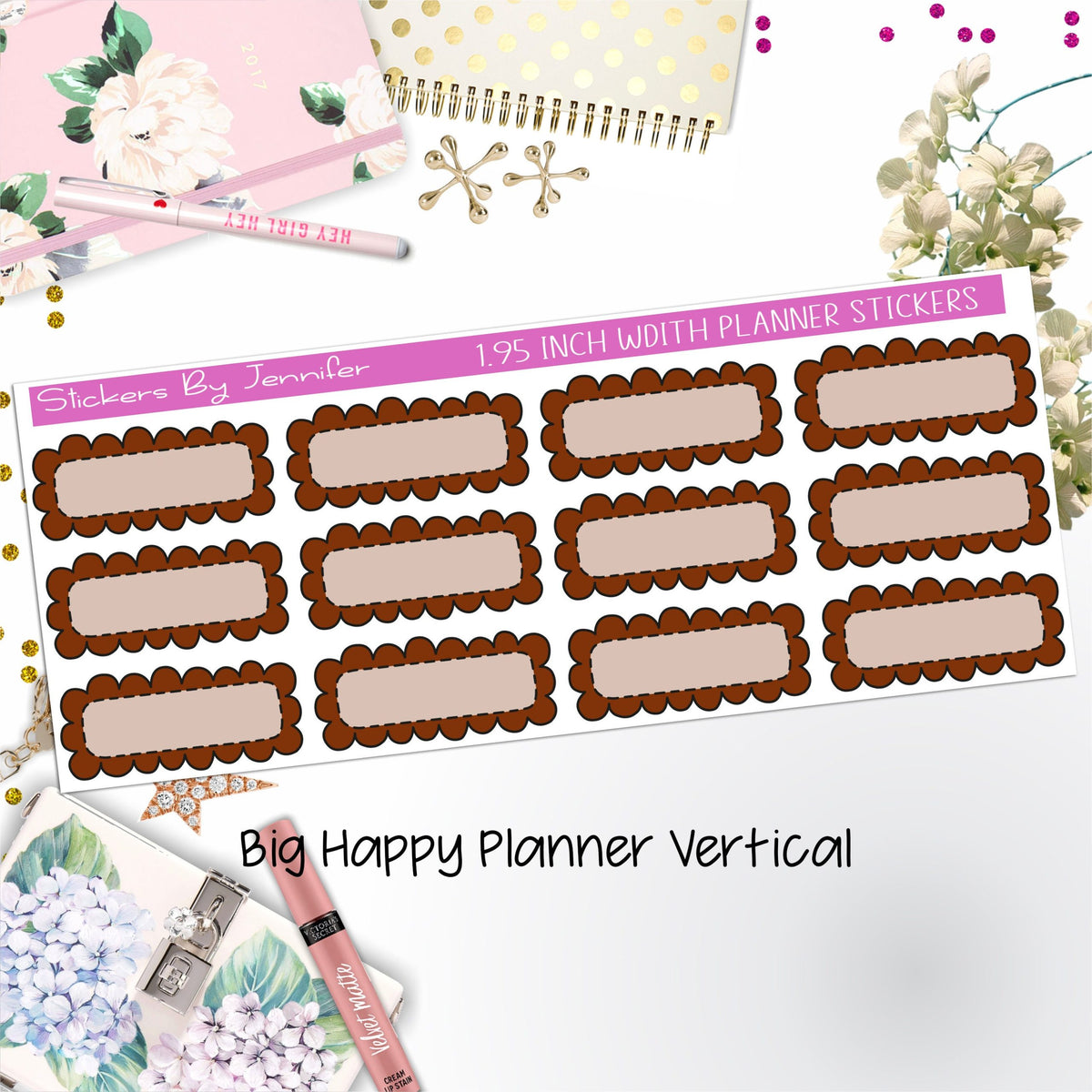 Scallop Labels 1.95 inch Width Quarter Boxes 383 for Big Happy Planner Vertical Planner Stickers
