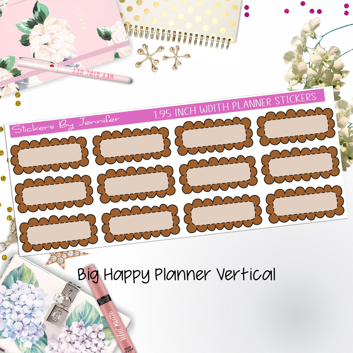 Scallop Labels 1.95 inch Width Quarter Boxes 384 for Big Happy Planner Vertical Planner Stickers