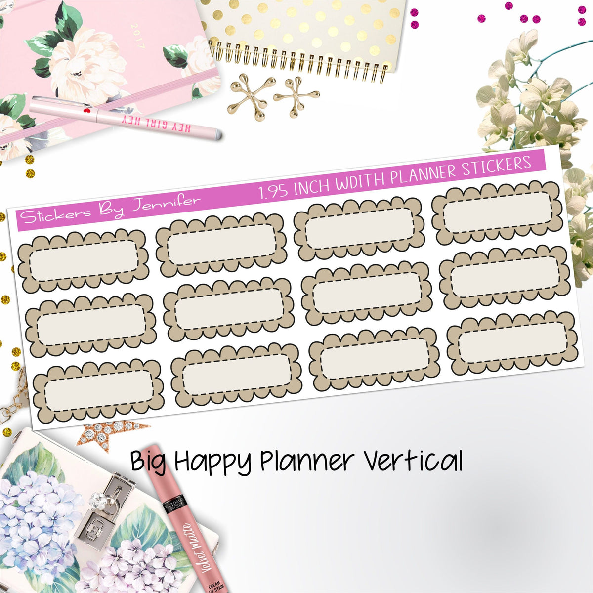 Scallop Labels 1.95 inch Width Quarter Boxes 388 for Big Happy Planner Vertical Planner Stickers