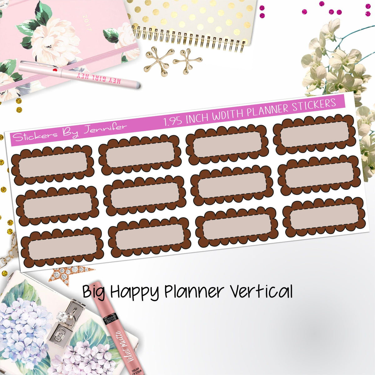 Scallop Labels 1.95 inch Width Quarter Boxes 392 for Big Happy Planner Vertical Planner Stickers