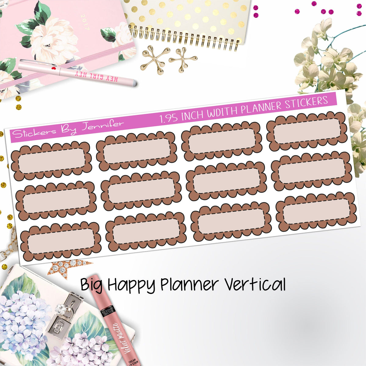 Scallop Labels 1.95 inch Width Quarter Boxes 394 for Big Happy Planner Vertical Planner Stickers