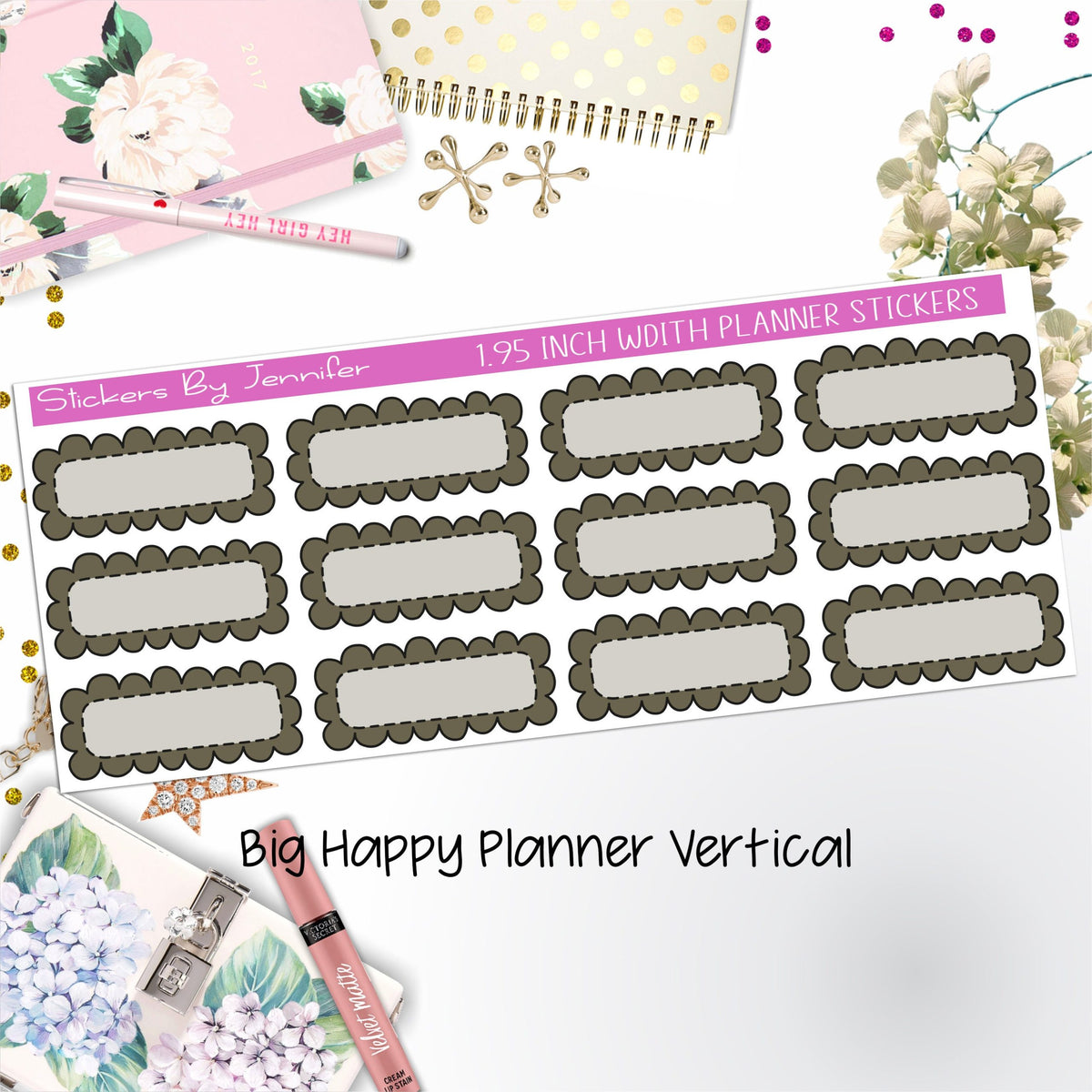 Scallop Labels 1.95 inch Width Quarter Boxes 396 for Big Happy Planner Vertical Planner Stickers