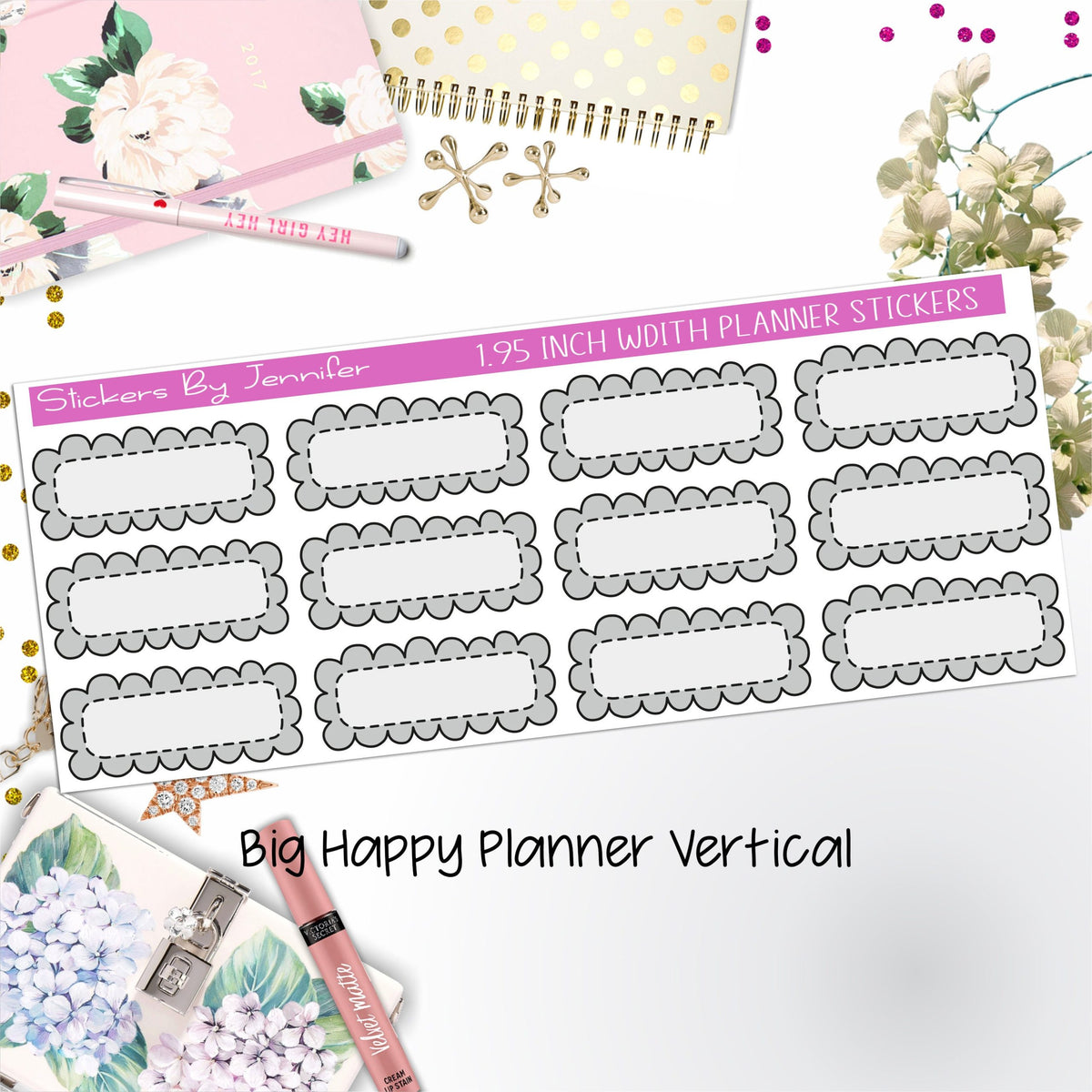 Scallop Labels 1.95 inch Width Quarter Boxes 397 for Big Happy Planner Vertical Planner Stickers