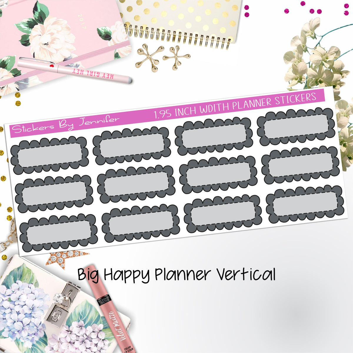 Scallop Labels 1.95 inch Width Quarter Boxes 399 for Big Happy Planner Vertical Planner Stickers