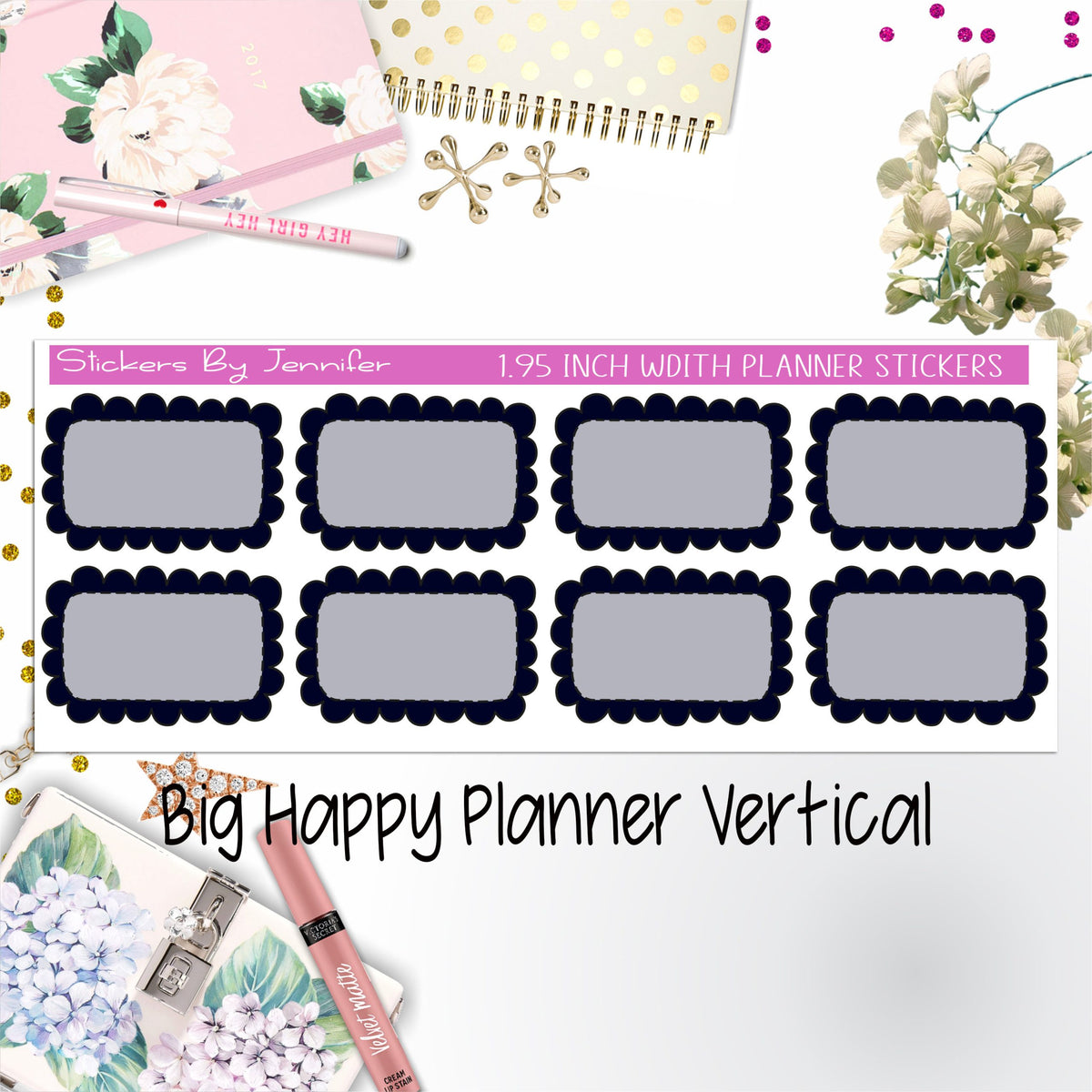 Scalloped Labels 1.95 inch Width Half Boxes 182 for Big Happy Planner Vertical Planner Stickers