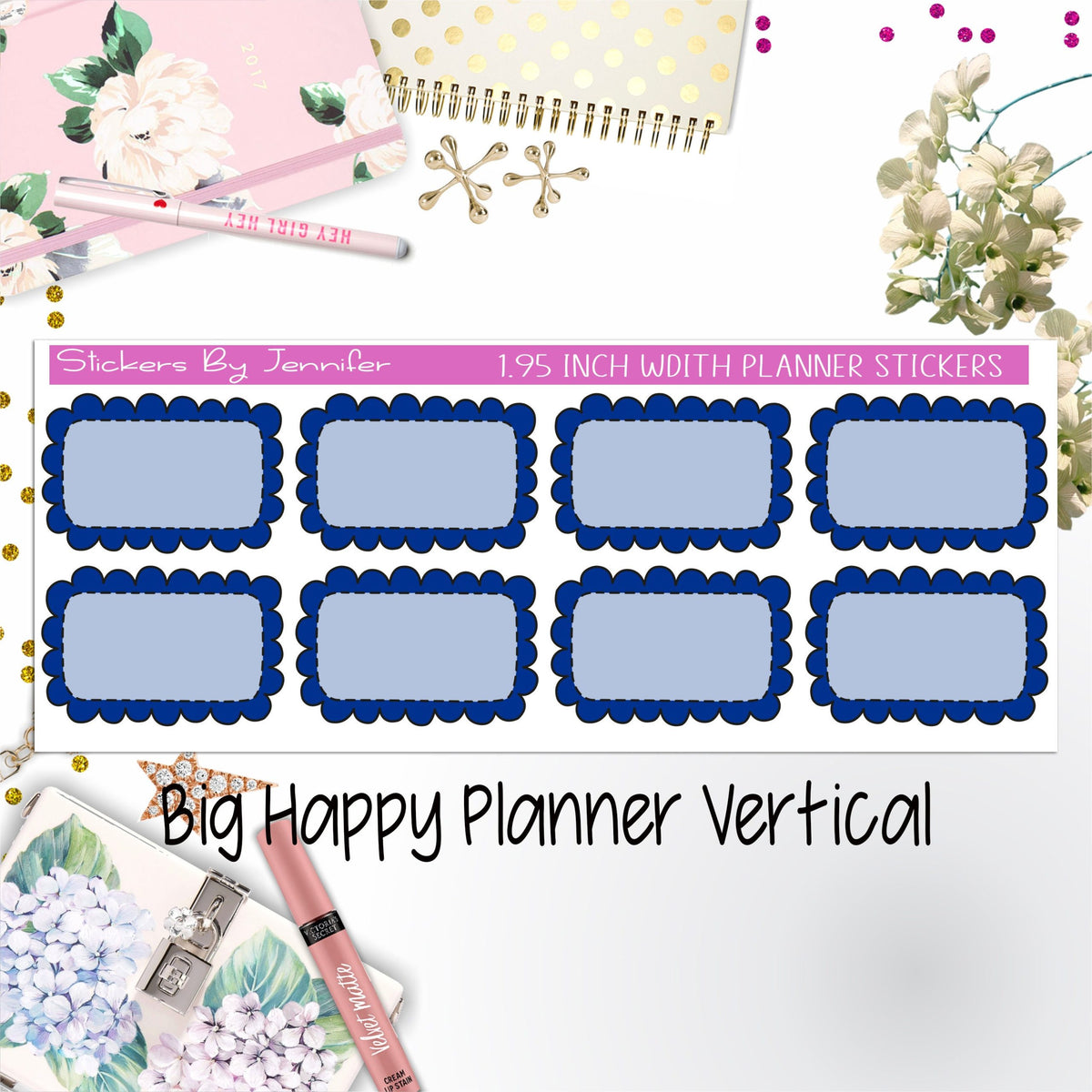 Scalloped Labels 1.95 inch Width Half Boxes 185 for Big Happy Planner Vertical Planner Stickers