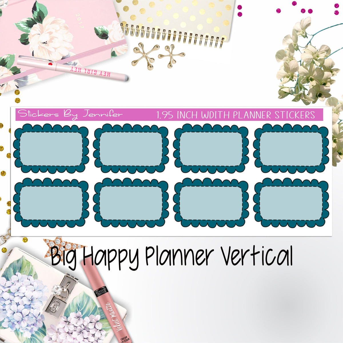 Scalloped Labels 1.95 inch Width Half Boxes 194 for Big Happy Planner Vertical Planner Stickers