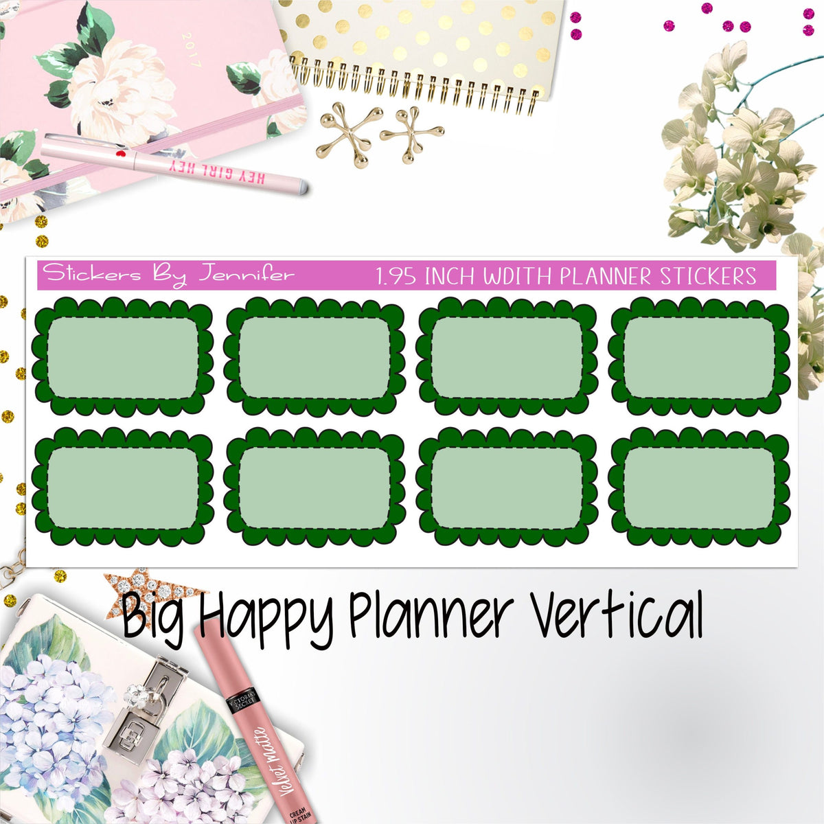 Scalloped Labels 1.95 inch Width Half Boxes 207 for Big Happy Planner Vertical Planner Stickers