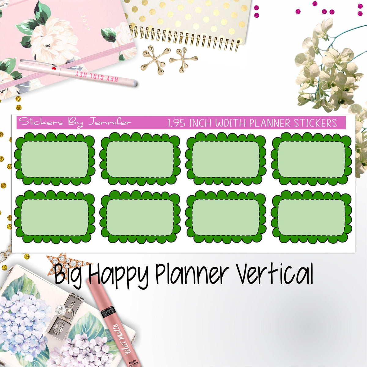 Scalloped Labels 1.95 inch Width Half Boxes 209 for Big Happy Planner Vertical Planner Stickers