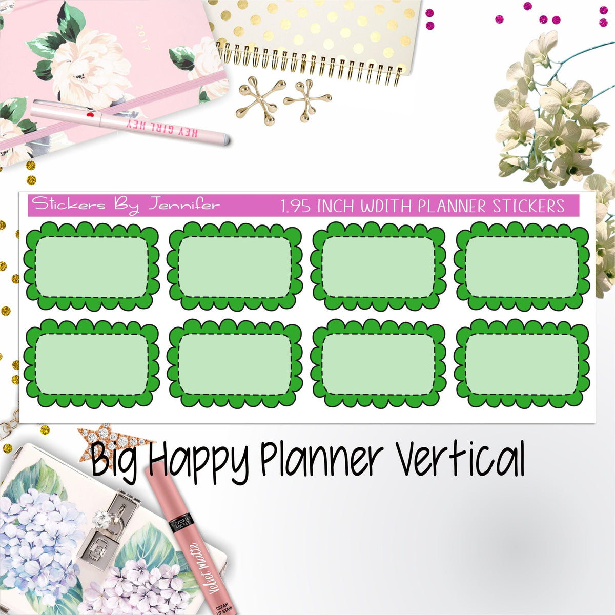 Scalloped Labels 1.95 inch Width Half Boxes 210 for Big Happy Planner Vertical Planner Stickers