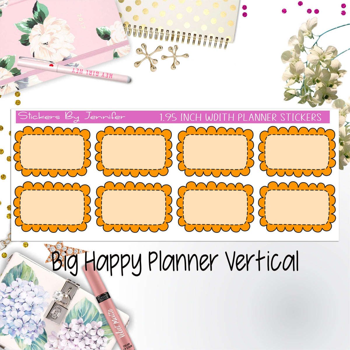 Scalloped Labels 1.95 inch Width Half Boxes 220 for Big Happy Planner Vertical Planner Stickers