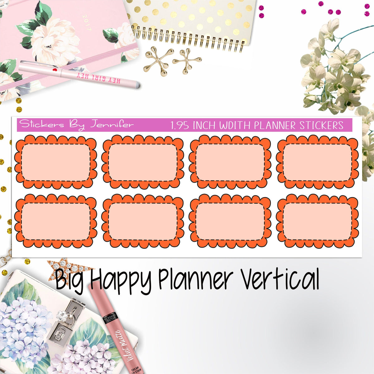Scalloped Labels 1.95 inch Width Half Boxes 222 for Big Happy Planner Vertical Planner Stickers