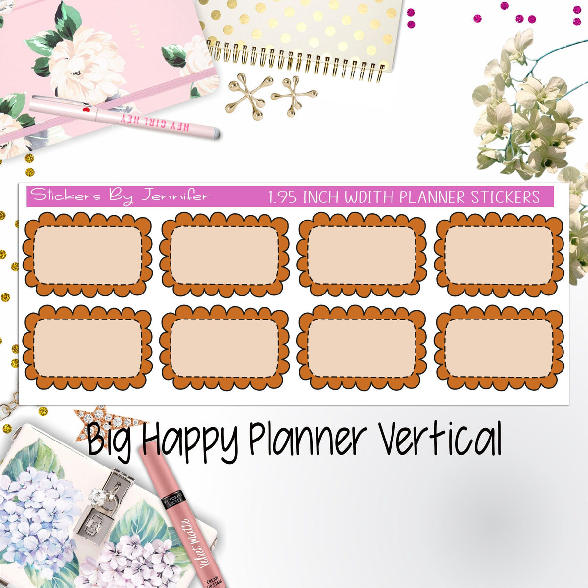 Scalloped Labels 1.95 inch Width Half Boxes 225 for Big Happy Planner Vertical Planner Stickers