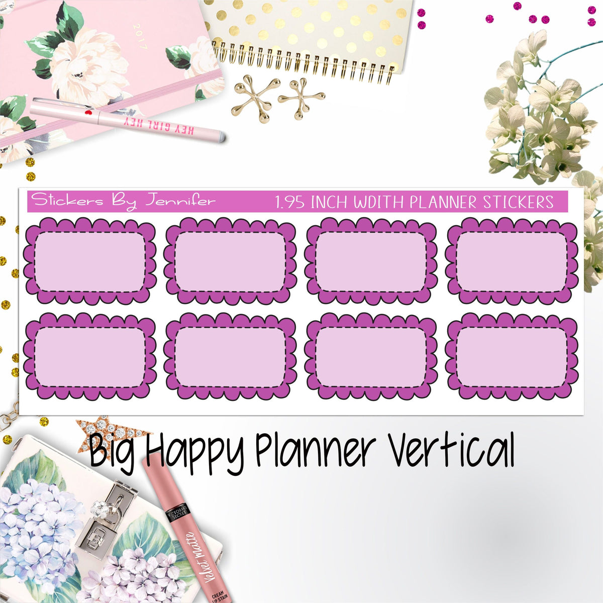 Scalloped Labels 1.95 inch Width Half Boxes 246 for Big Happy Planner Vertical Planner Stickers