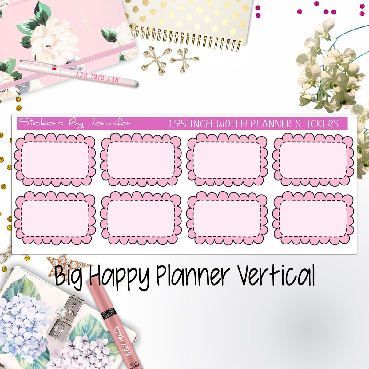 Scalloped Labels 1.95 inch Width Half Boxes 253 for Big Happy Planner Vertical Planner Stickers