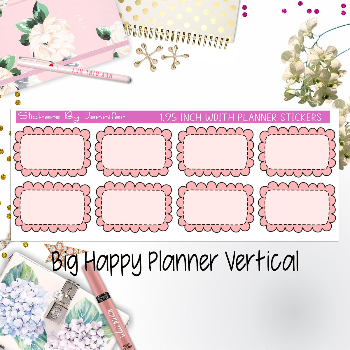 Scalloped Labels 1.95 inch Width Half Boxes 255 for Big Happy Planner Vertical Planner Stickers