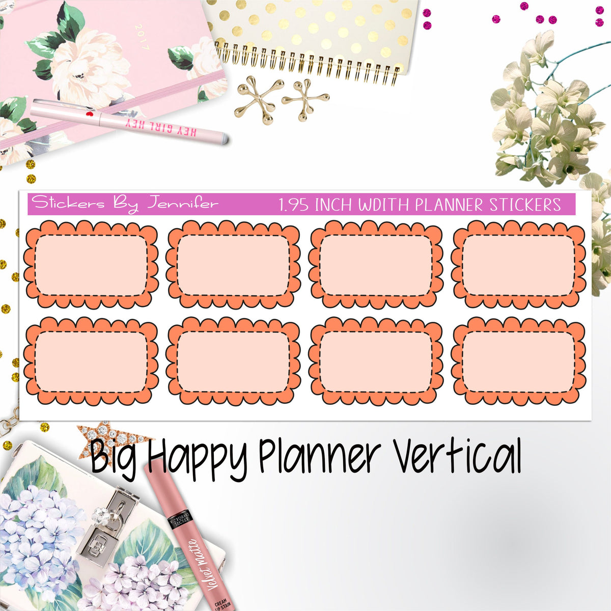 Scalloped Labels 1.95 inch Width Half Boxes 260 for Big Happy Planner Vertical Planner Stickers