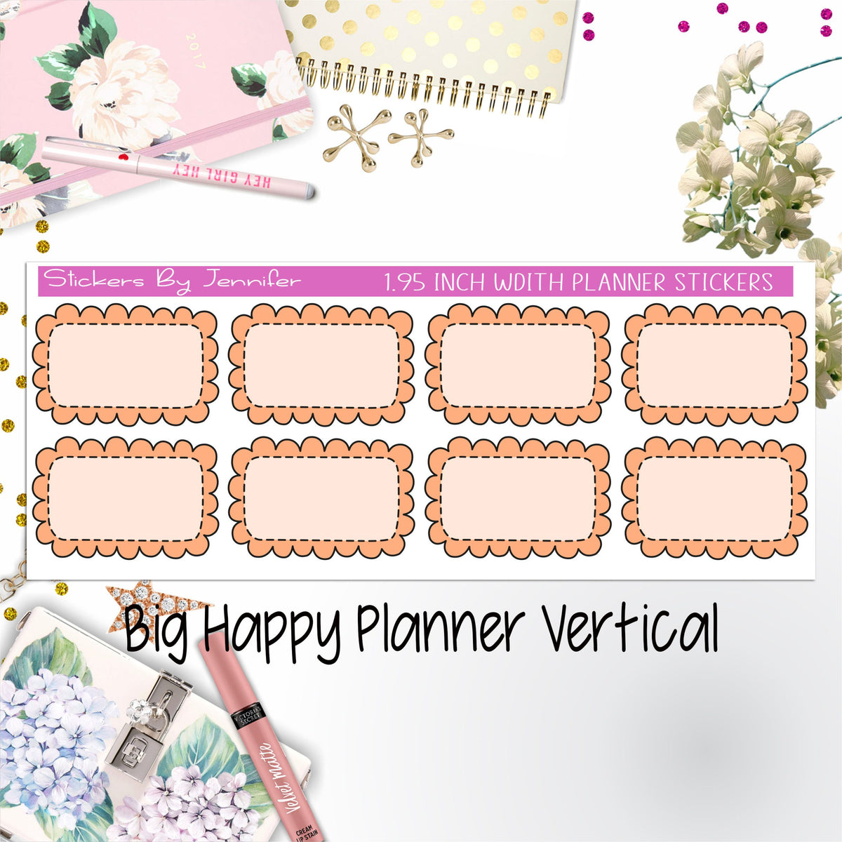 Scalloped Labels 1.95 inch Width Half Boxes 261 for Big Happy Planner Vertical Planner Stickers