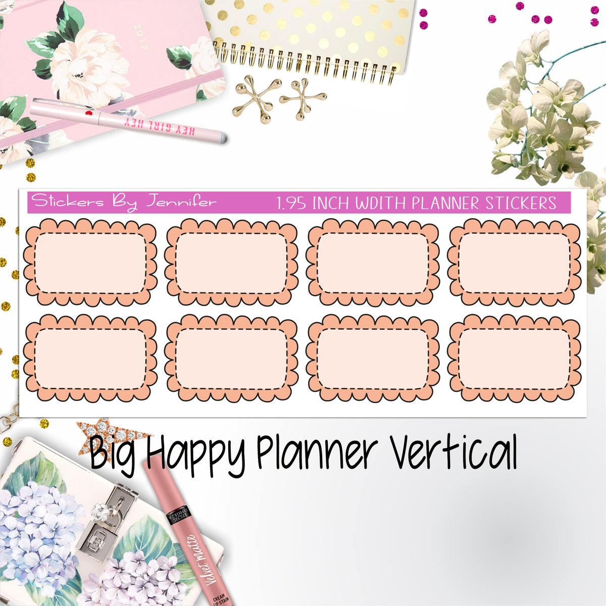 Scalloped Labels 1.95 inch Width Half Boxes 263 for Big Happy Planner Vertical Planner Stickers