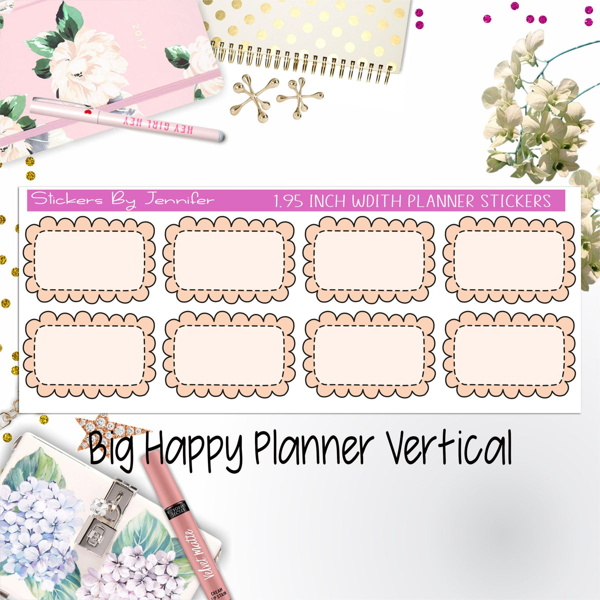 Scalloped Labels 1.95 inch Width Half Boxes 264 for Big Happy Planner Vertical Planner Stickers