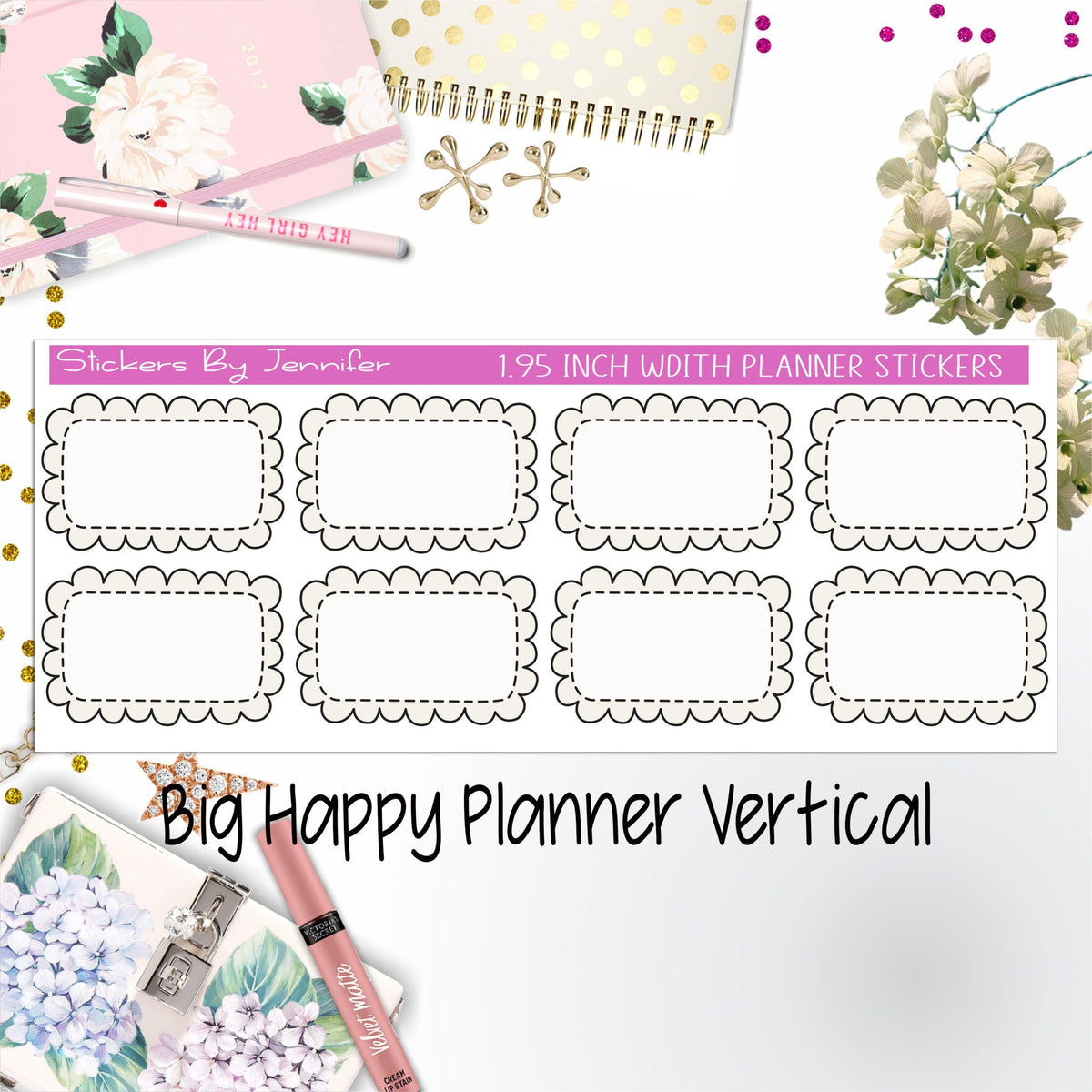 Scalloped Labels 1.95 inch Width Half Boxes 265 for Big Happy Planner Vertical Planner Stickers