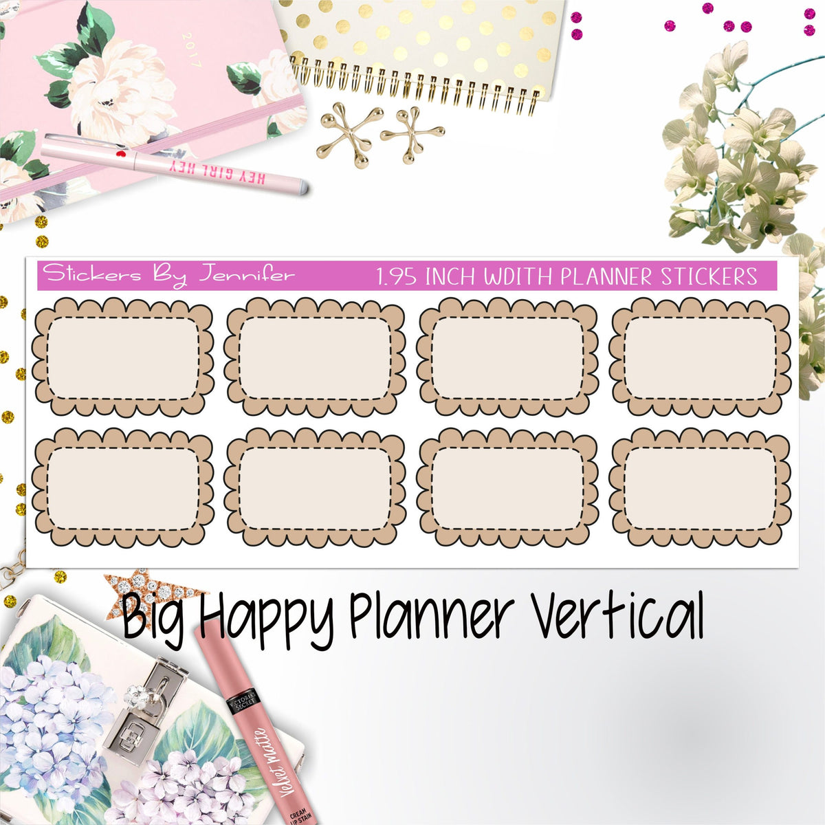 Scalloped Labels 1.95 inch Width Half Boxes 267 for Big Happy Planner Vertical Planner Stickers