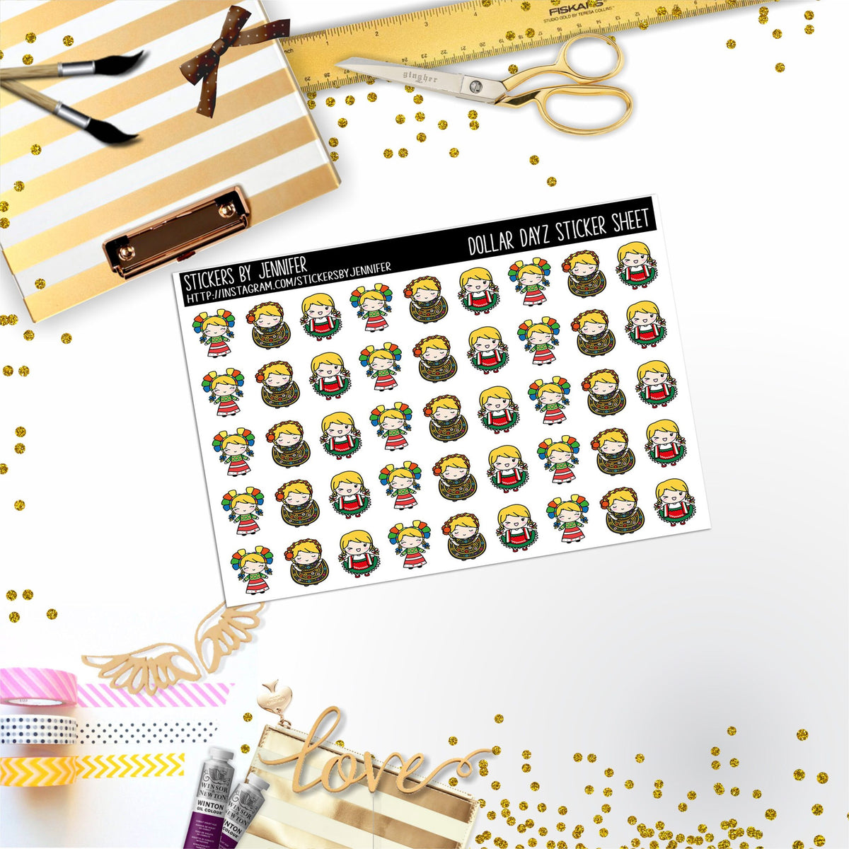 Spanish Character Girl Mini DD044, Planner Stickers, Bullet Journal, Functional Planner Stickers, Stationary Stickers