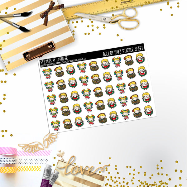 Spanish Character Girl Mini DD044, Planner Stickers, Bullet Journal, Functional Planner Stickers, Stationary Stickers