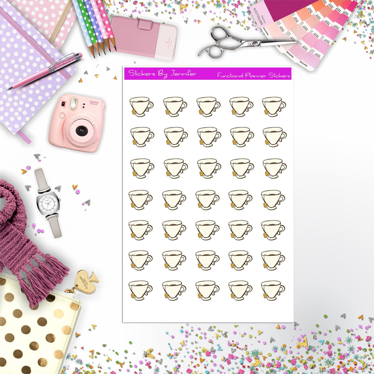 Tea Cup Stickers, Planner Stickers, Journal Stickers, Functional Planner Stickers, Stationary Stickers