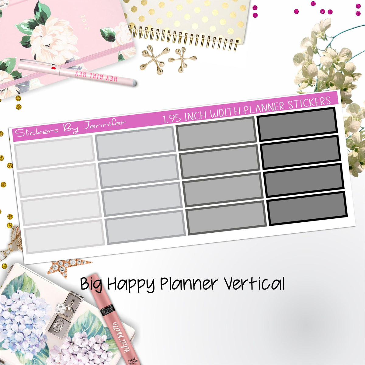 Tinted Rectangle 1.95 inch Width Quarter Boxes 425 for Big Happy Planner Vertical Planner Stickers