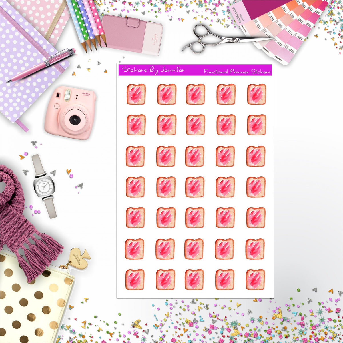 Toast and Strawberry Jam Stickers, Planner Stickers, Journal Stickers, Functional Planner Stickers, Stationary Stickers