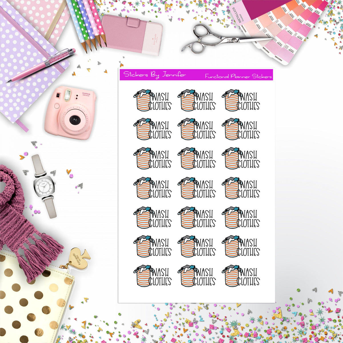 Wash Clothes Stickers, Planner Stickers, Journal Stickers, Functional Planner Stickers, Stationary Stickers